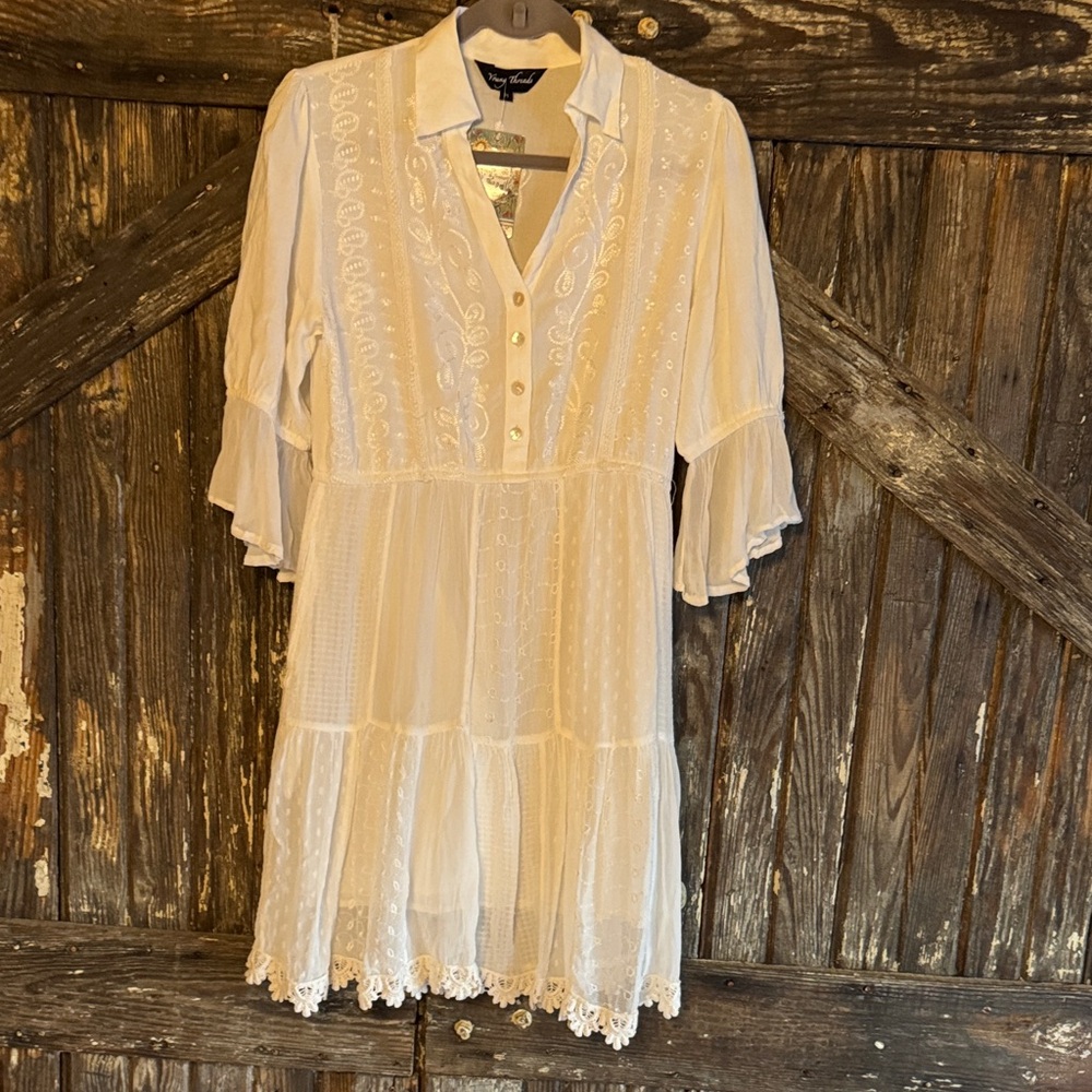 White Embroidered Tiered Mini Dress - Elegant Boho